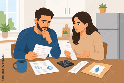discussing finances kitchen couple household expenses budget money personal finance management planning savings