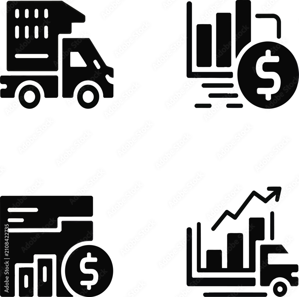 Fototapeta premium Logistics analytics and transportation finance icon set with delivery truck, shipping KPI dashboard, financial reporting and freight performance metrics isolated on white background