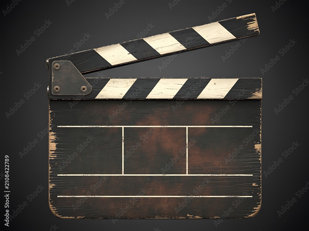 Fototapeta premium Vintage wooden film clapper board with black and white stripes on dark background