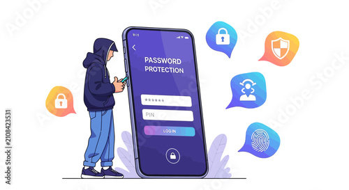 Cybersecurity concept: Hacker trying to breach phone password protection with app icons