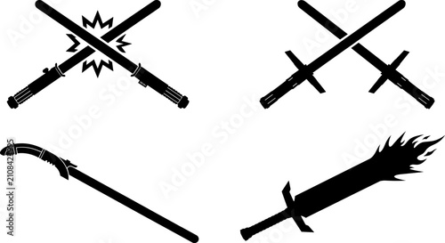 Schilderij op canvas Crossed Lightsaber and Sci Fi Sword Icon Set with Laser Blade Silhouette Symbols