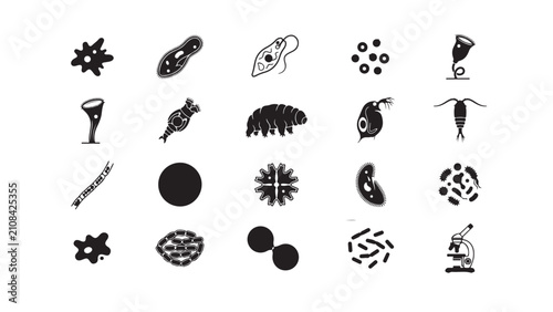 Quadro su tela Comprehensive Set of Black Vector Icons for Microbes and Microscopic Organisms
