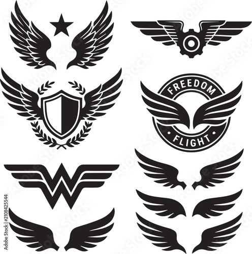 Black wings vector icons set, heraldic winged logo emblems, shield, star, gear badge, and freedom flight symbols