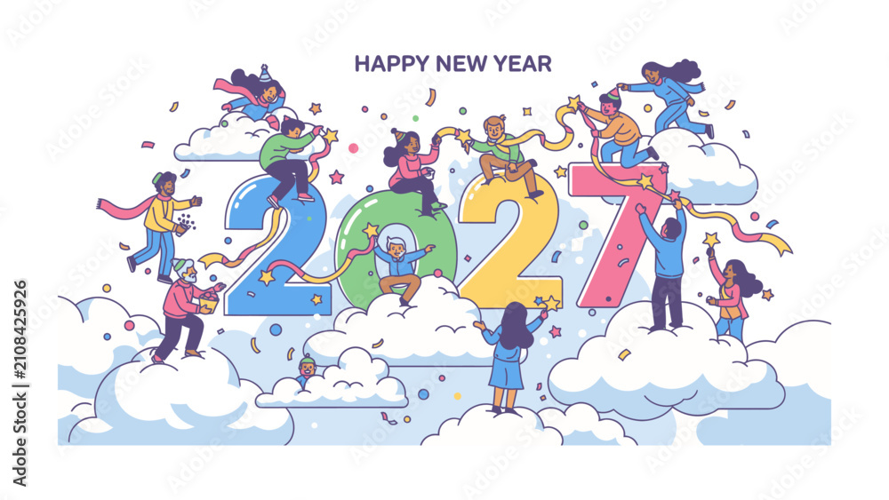 Fototapeta premium New Year Celebration Illustration: People are celebrating the New Year, decorating and assembling the number 2027, surrounded by clouds and confetti.