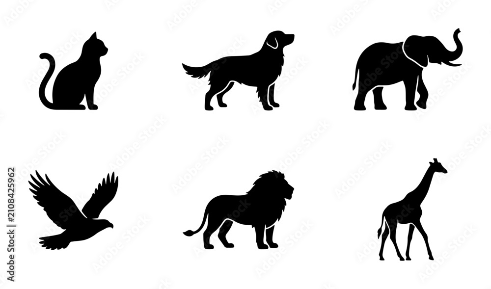 Obraz premium Diverse Animal Silhouettes: Cat, Dog, Elephant, Eagle, Lion, Giraffe Icons for Wildlife and Pet Themes
