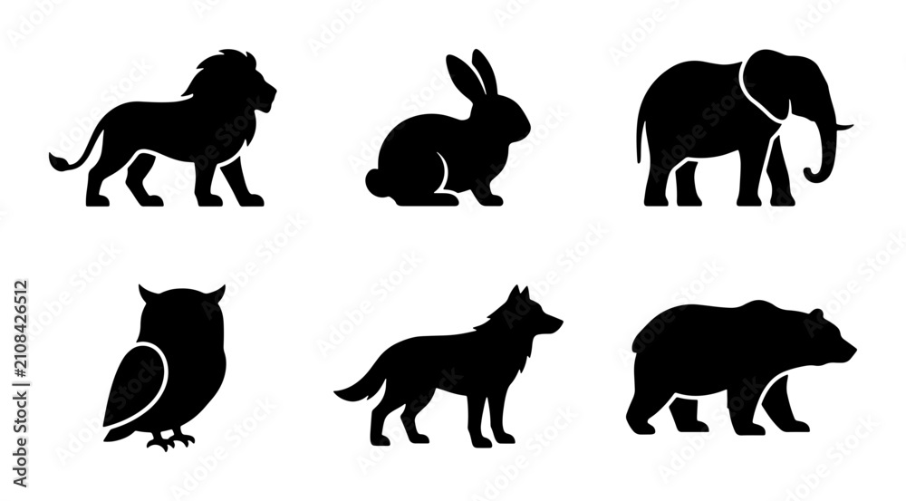 Obraz premium Wild Animal Silhouettes: Lion, Rabbit, Elephant, Owl, Wolf, Bear Icons Set