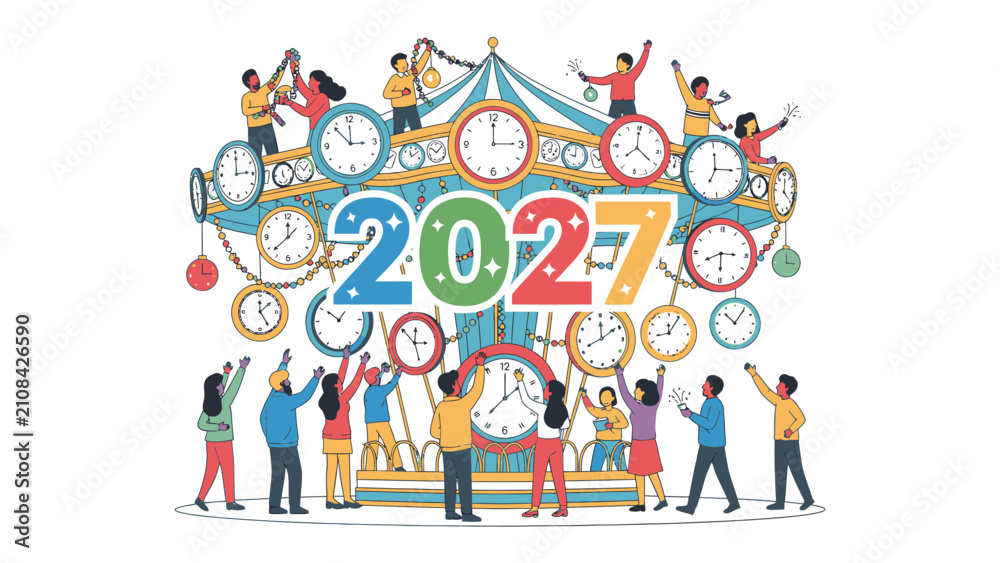 Fototapeta premium Countdown to 2027: A vibrant illustration depicts a group of people enthusiastically celebrating the arrival of the year 2027, surrounded by numerous clocks.