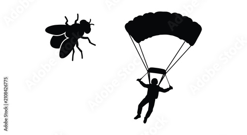 Bild auf Leinwand Silhouette Of A Parachutist And Insect Black On White Background