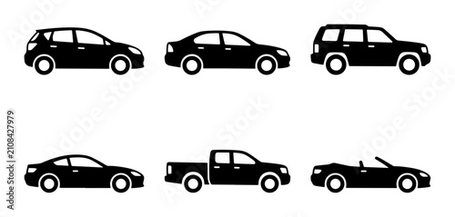 Foto Black Car Icons Set: Hatchback, Sedan, SUV, Sports Car, Pickup Truck, Convertibl