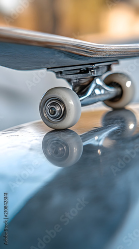Skateboard truck and wheels sit atop a reflective smooth surface during a close-up examination of the equipment.