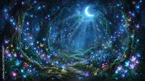 A magical forest path glows with an ethereal blue light under a large crescent moon.
