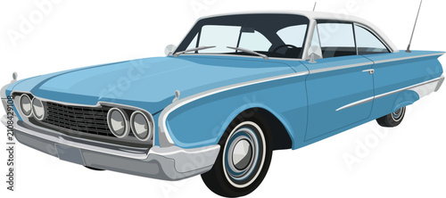 Bild auf Leinwand Vintage 1960s American Two-Door Hardtop Classic Car, Blue and White Retro Automo