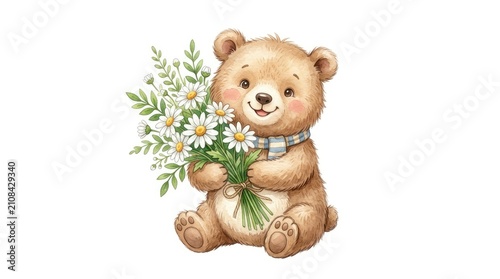 A cute teddy bear is holding a bouquet of daisies.