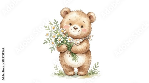 A cute brown teddy bear is holding a bouquet of white daisies.