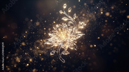 A shimmering, ornate floral brooch floats against a dark, blurred background of golden sparkles.