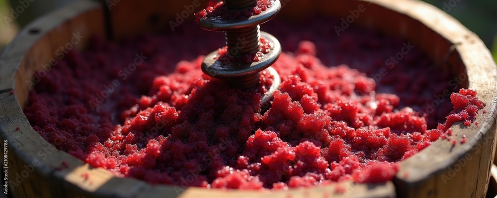 Obraz premium Old manual wood winepress crushes fresh red grapes into juice. Metal screw mechanism applies heavy pressure on fruit inside rustic barrel for traditional beverage making. Autumn harvest season brings