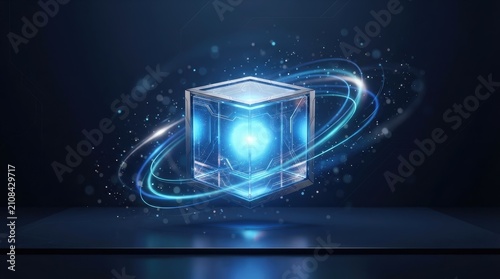 A glowing, futuristic cube levitates above a dark, reflective surface.