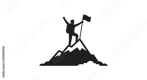 Bild auf Leinwand Mountaineer Silhouette On Peak With Flag Black And White