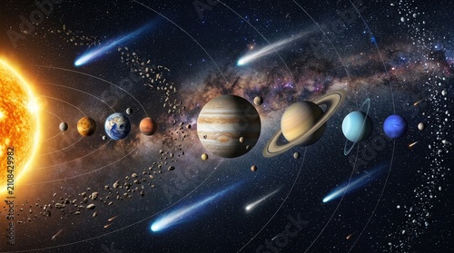 A vibrant illustration depicts our solar system, with the Sun at the center and planets orbiting around it.