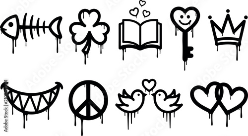 Fotografía Black graffiti element set with paint drips fish bone clover book key crown smil
