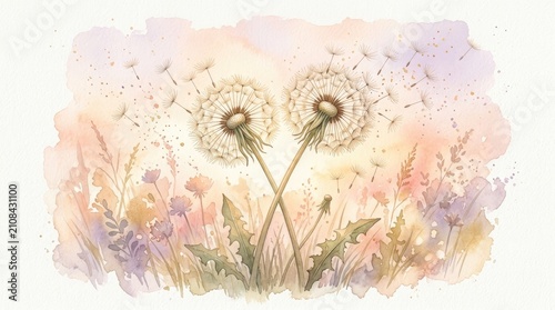A delicate watercolor painting depicts two fluffy dandelion seed heads standing tall amidst a field of wildflowers and grasses.