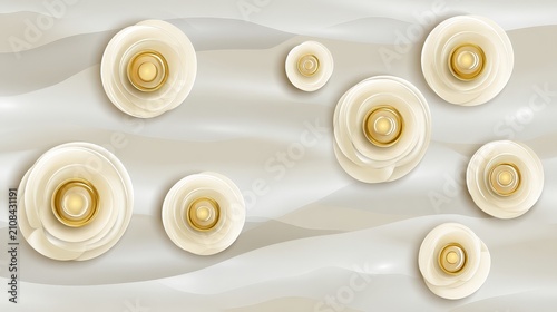 Elegant White and Gold Spiral Shells on Wavy Background for Nautical Thema