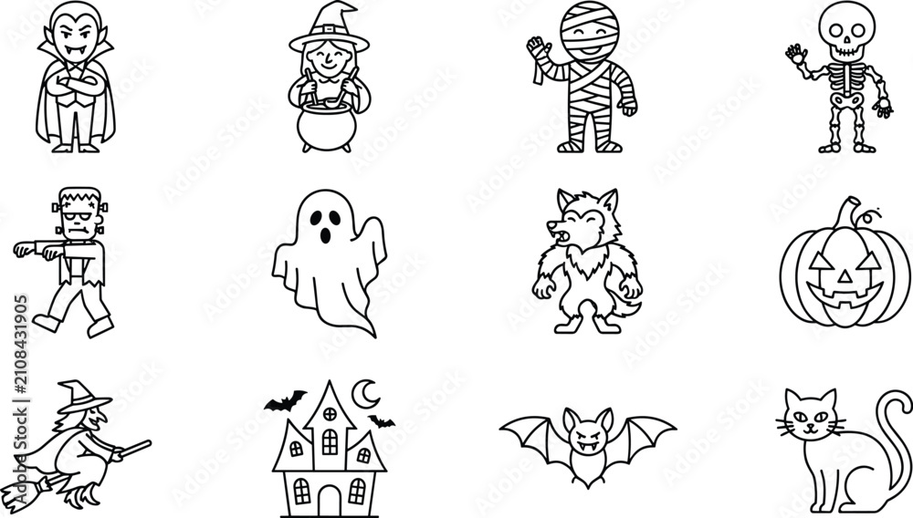 Fototapeta premium Halloween Character and Monster Line Icon Set Featuring Cute Vampire, Witch, Ghost, Haunted House, Pumpkin, and Spooky Outline Vector Illustrations
