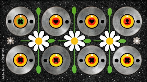 Symmetrical Connect Four Inspired Board Game with Flowers and Colorful Chips