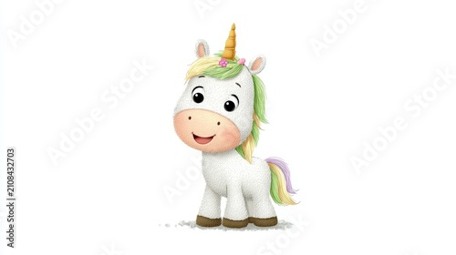 Adorable Plush Unicorn Toy Character with Colorful Mane and Horn, White Body, Cartoon Style Illustration