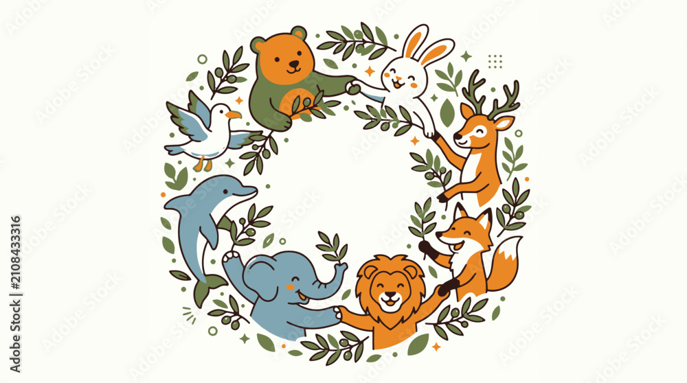 Fototapeta premium Cute cartoon animals holding hands in circle forming floral nature wreath illustration.