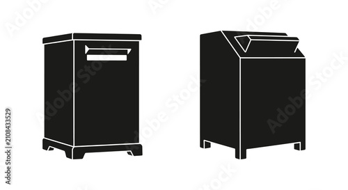 Paper shredder silhouettes front and top views black on white background