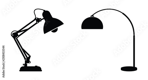 Fotografía Desk and arc lamps black silhouettes on a white background