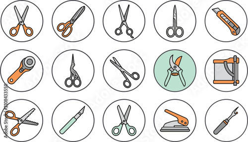 Fotografie Cutting Tools and Craft Line Icons Set with Scissors, Utility Knife, Pruning She