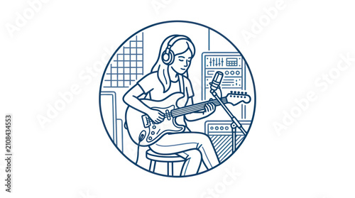 Konstfotografi Woman playing electric guitar in studio.