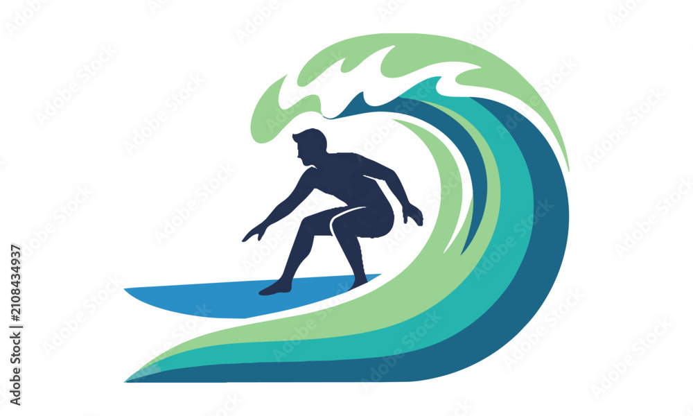 Naklejka premium Stylized silhouette of a surfer in an athletic crouch riding a bold blue wave isolated on white background. Active lifestyle concept