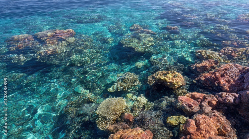 Fototapeta premium Sunlight illuminates vibrant coral reef beneath transparent tropical ocean