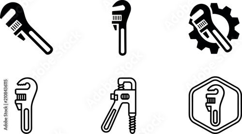 Canvas Print Adjustable Pipe Wrench Icon Set Featuring Plumber Monkey Wrenches in Solid Silho