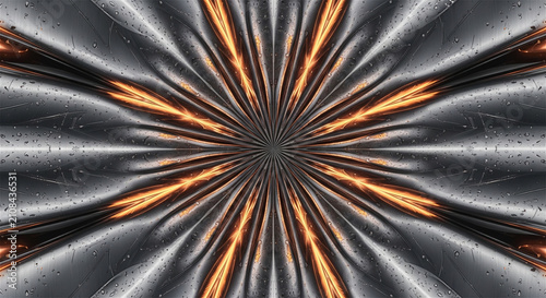 Abstract metallic kaleidoscope with fiery orange glow emanating from the center.
