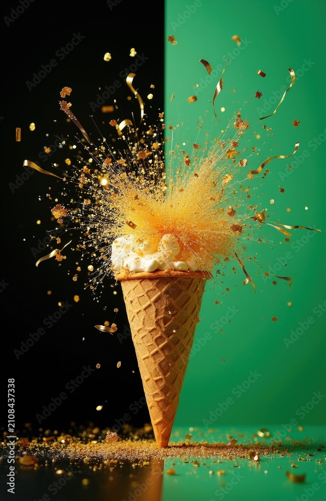 Fototapeta premium Ice cream cone explodes with golden fireworks and confetti against black and green backdrop. A festive dessert treat for celebrations, holidays, or parties, signifying joy.