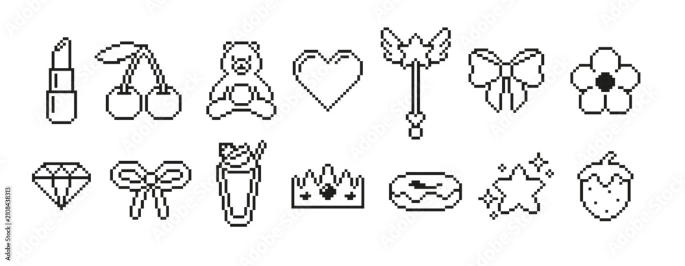 Obraz premium Pixel art fun black and white icons set, retro 8 bit video game vector collection, Teddy bear toy, flower, heart, bow
