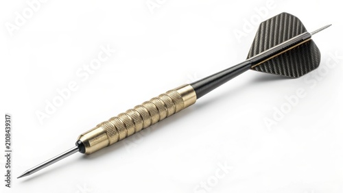 A metallic dart with black fletching, designed for precision and a firm grip, rests on a white surface. Its sharp point gleams, ready for a game
