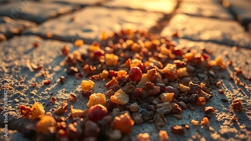 Dried grape pomace fragments scattered on sunlit stone slabs.