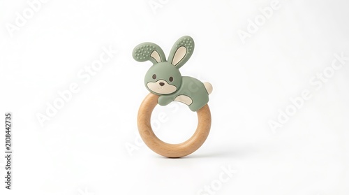 Cute bunny rabbit baby teething toy made of wood and silicone.