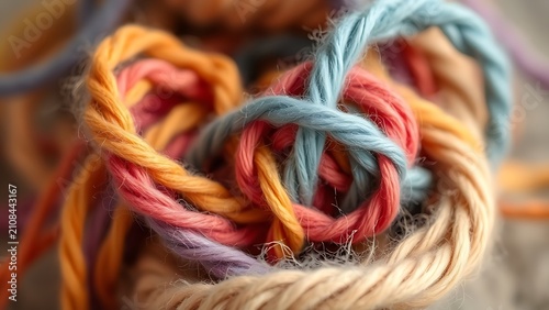 Close-up of colorful yarn being untangled from a complex knot.