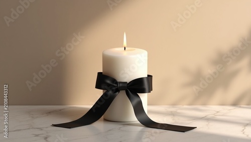 photograph of a single elegant white pillar candle burning with a soft natural flame, ai