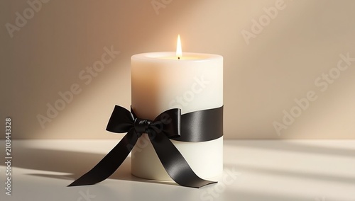 photograph of a single elegant white pillar candle burning with a soft natural flame, ai