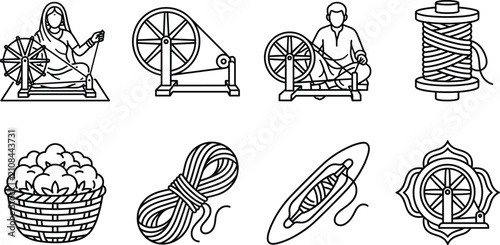 Obraz na płótnie Traditional Indian Charkha Spinning Wheel Line Icon Set with Gandhi, Cotton Bask