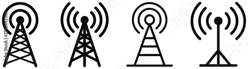 Foto Radio tower icon set featuring broadcast mast antenna radio waves wireless communication signal transmission and broadcasting symbols, vector design