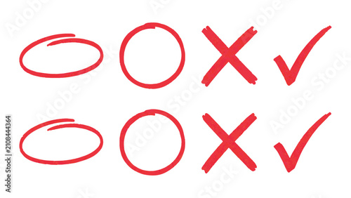 Konstfotografi Red marker hand drawn symbols of circle oval cross and check mark with selection
