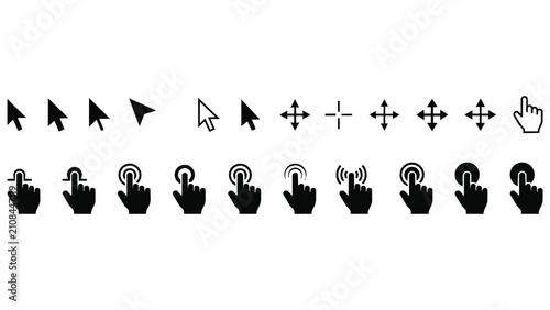 Set of cursor and hand gesture touch screen icons with interface technology navigation interaction computing application software